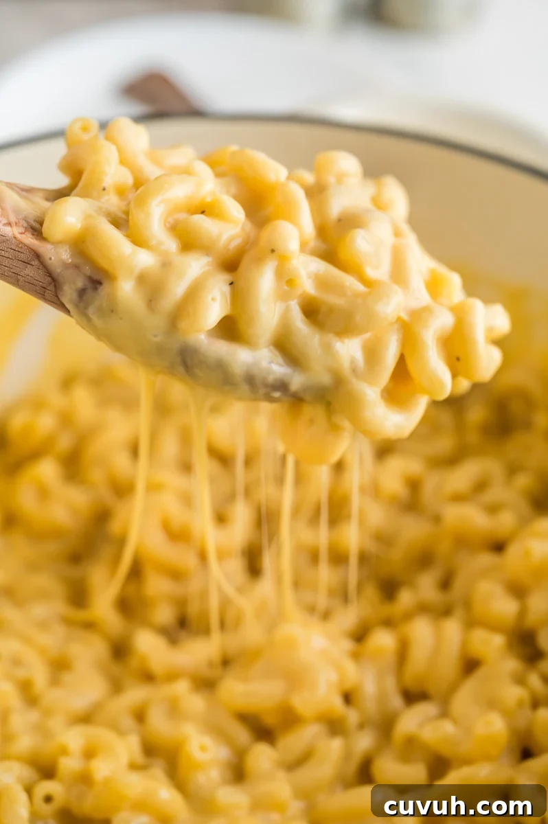 Scoop of mac and cheese held over pot.