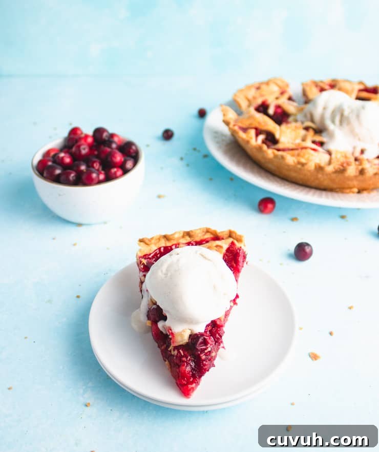 close up of a slice of pie with a scoop of ice cream on top. Bowl of cranberries and pie in the background.