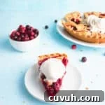 close up of a slice of pie with a scoop of ice cream on top. Bowl of cranberries and pie in the background.