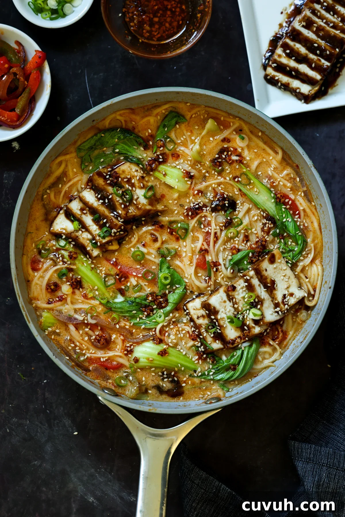 Creamy Tahini Ramen with Teriyaki Tofu (Nut-Free, One-Pan) 2 panful of creamy tahini ramen with teriyaki tofu on top