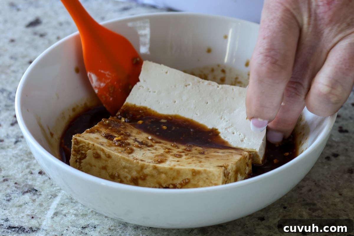Creamy Tahini Ramen with Teriyaki Tofu (Nut-Free, One-Pan) 11 adding tofu slabs to the teriyaki sauce