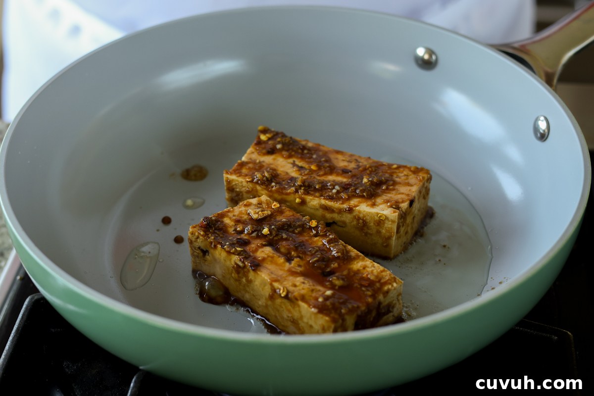 Creamy Tahini Ramen with Teriyaki Tofu (Nut-Free, One-Pan) 12 teriyaki tofu in the pan