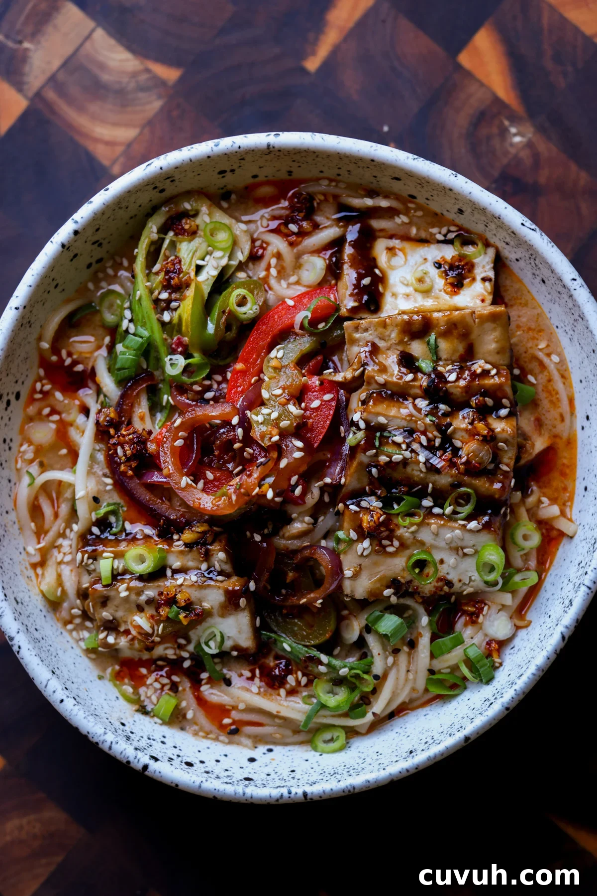 Creamy Tahini Ramen with Teriyaki Tofu (Nut-Free, One-Pan) 3 bowl of creamy tahini ramen with teriyaki tofu on top
