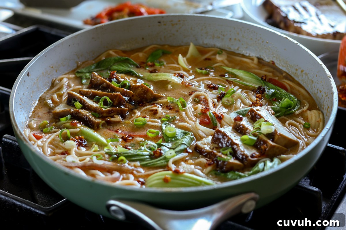 Creamy Tahini Ramen with Teriyaki Tofu (Nut-Free, One-Pan) 16 creamy tahini ramen after adding toppings