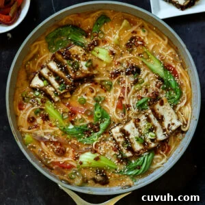 Creamy Tahini Ramen with Teriyaki Tofu (Nut-Free, One-Pan) 6 panful of creamy tahini ramen with teriyaki tofu on top