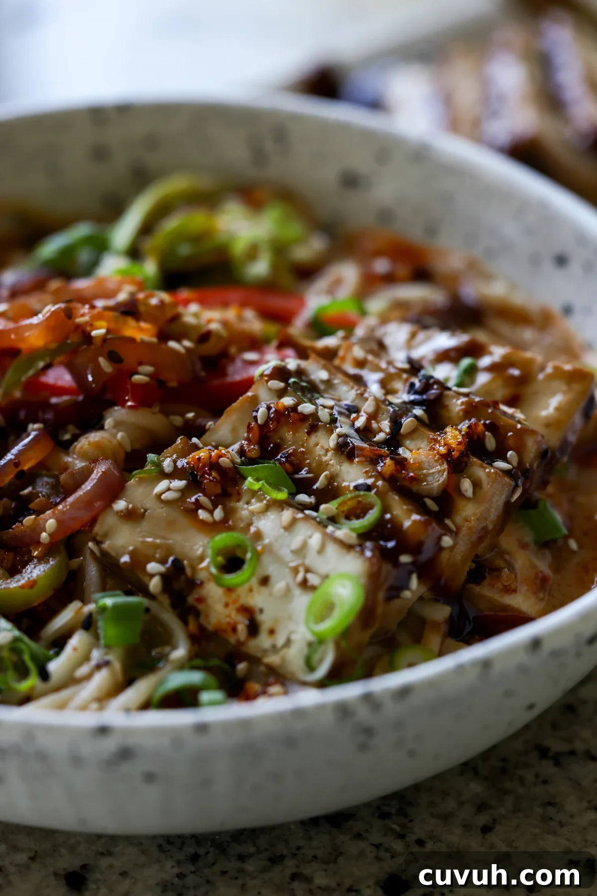Creamy Tahini Ramen with Teriyaki Tofu (Nut-Free, One-Pan) 7 close-up of bowl of creamy tahini ramen with teriyaki tofu on top