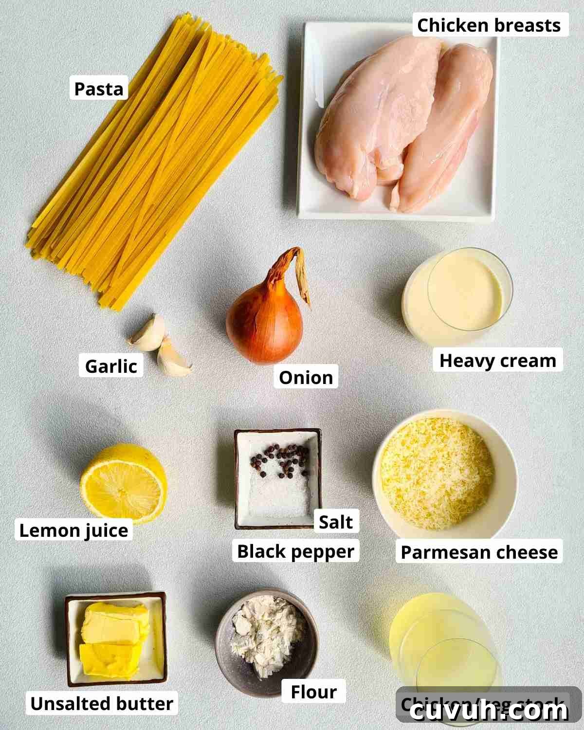 Ingredients required to make creamy lemon chicken pasta dish, labeled