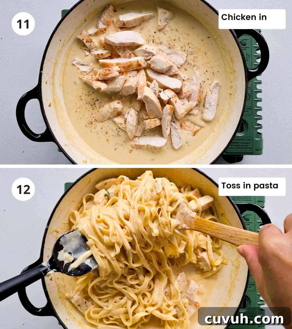 Tossing pasta in creamy chicken sauce