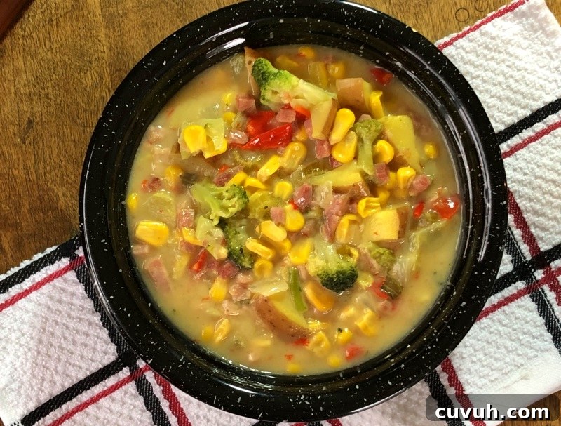 Vintage Farmhouse Chowder in a black bowl on white, red and blue cloth. from www.ApronFreeCooking.com