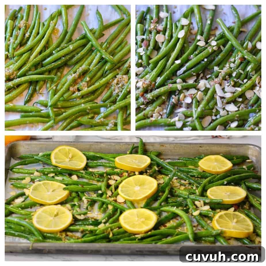 collage of prep pictures for lemon garlic green beans with almonds