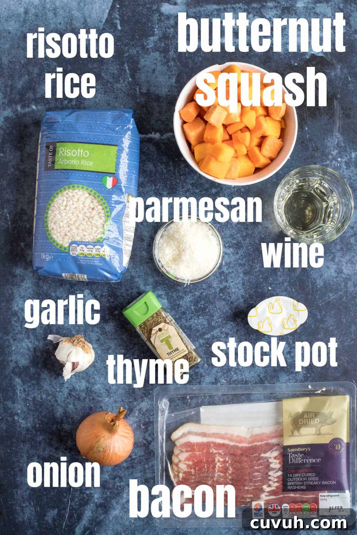 Ingredients for butternut squash and bacon risotto.