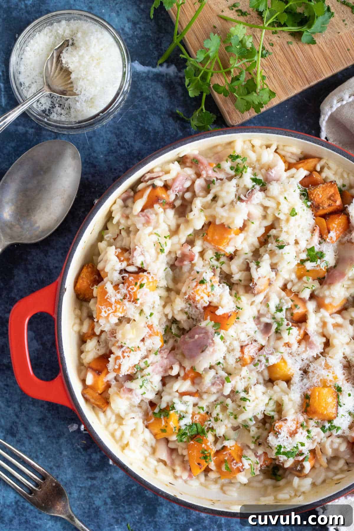 Butternut squash and bacon risotto with grated parmesan.