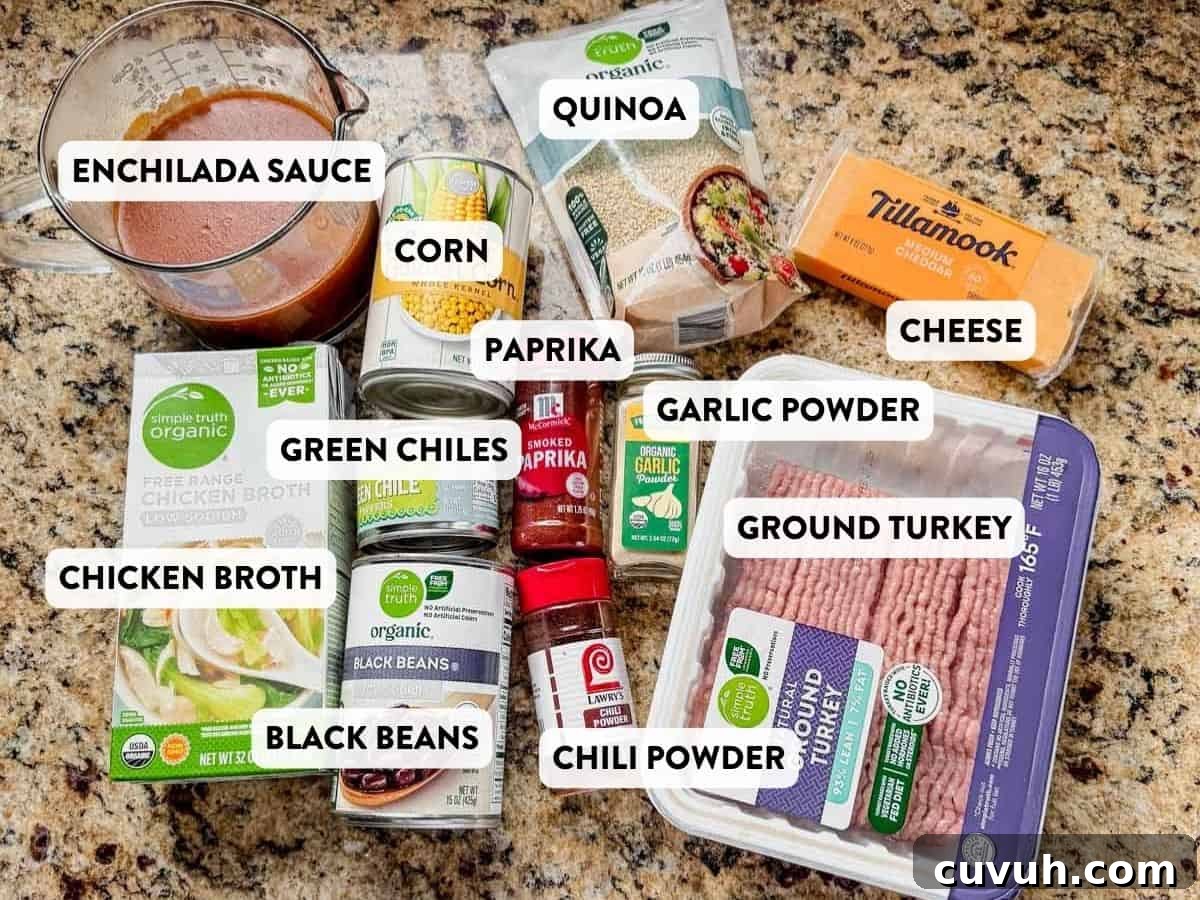 ingredients for enchilada quinoa skillet on a counter.