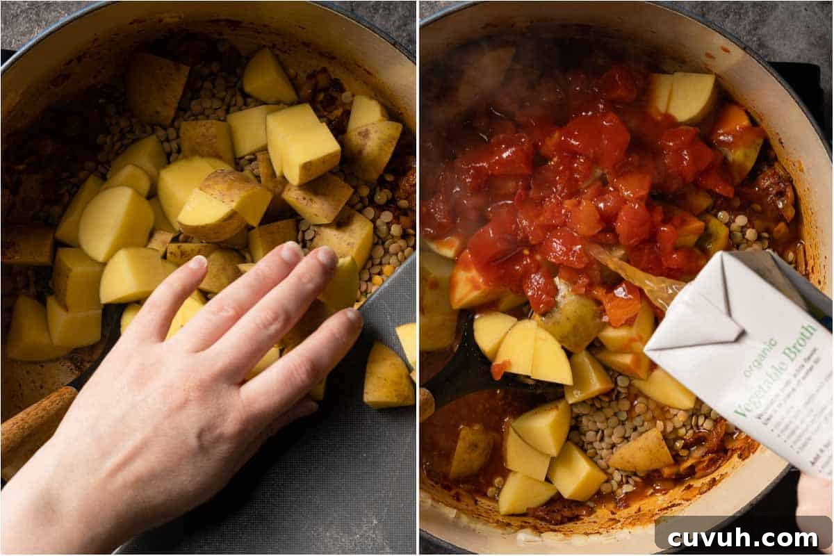 Hearty Lentil and Potato Soup Recipe for Comforting Weeknight Meals 11 collage of adding chunks of potatoes into pot and adding broth into soup pot with other soup ingredients inside