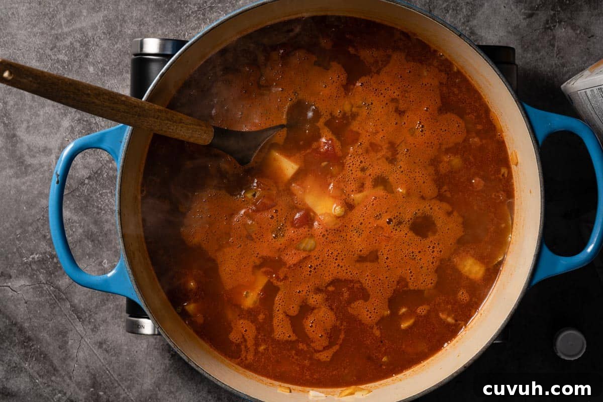 Hearty Lentil and Potato Soup Recipe for Comforting Weeknight Meals 12 soup simmering on hot plate