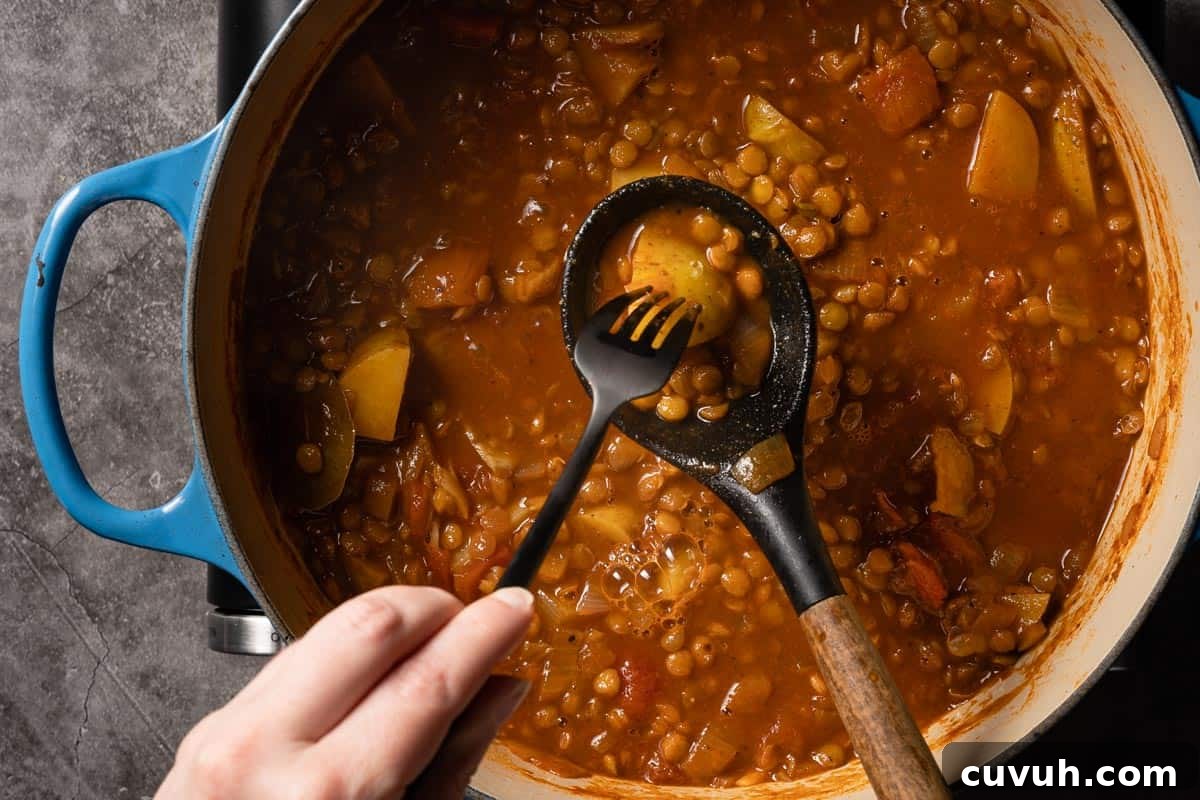 Hearty Lentil and Potato Soup Recipe for Comforting Weeknight Meals 14 spoon holding chunk of potato with fork piercing potato