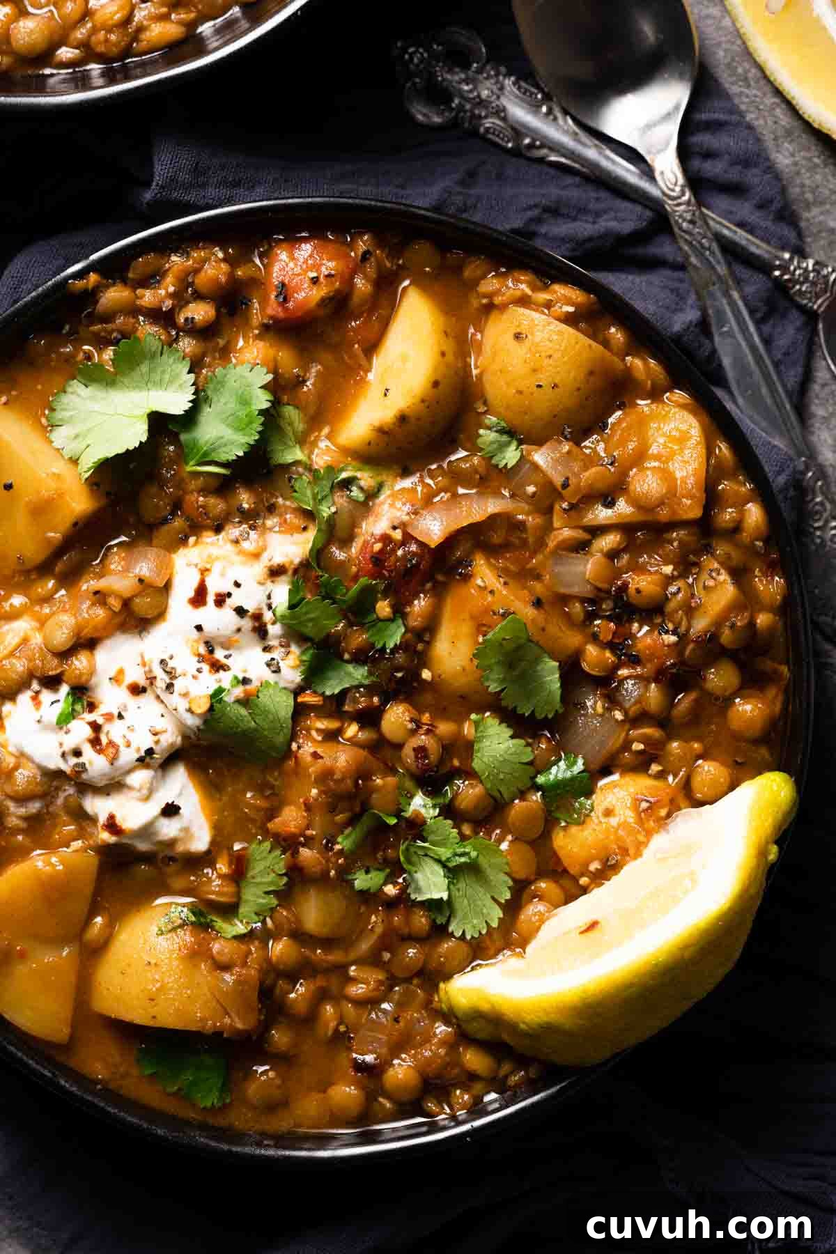Hearty Lentil and Potato Soup Recipe for Comforting Weeknight Meals 16 lentil potato soup in black bowl with lemon wedge garnish