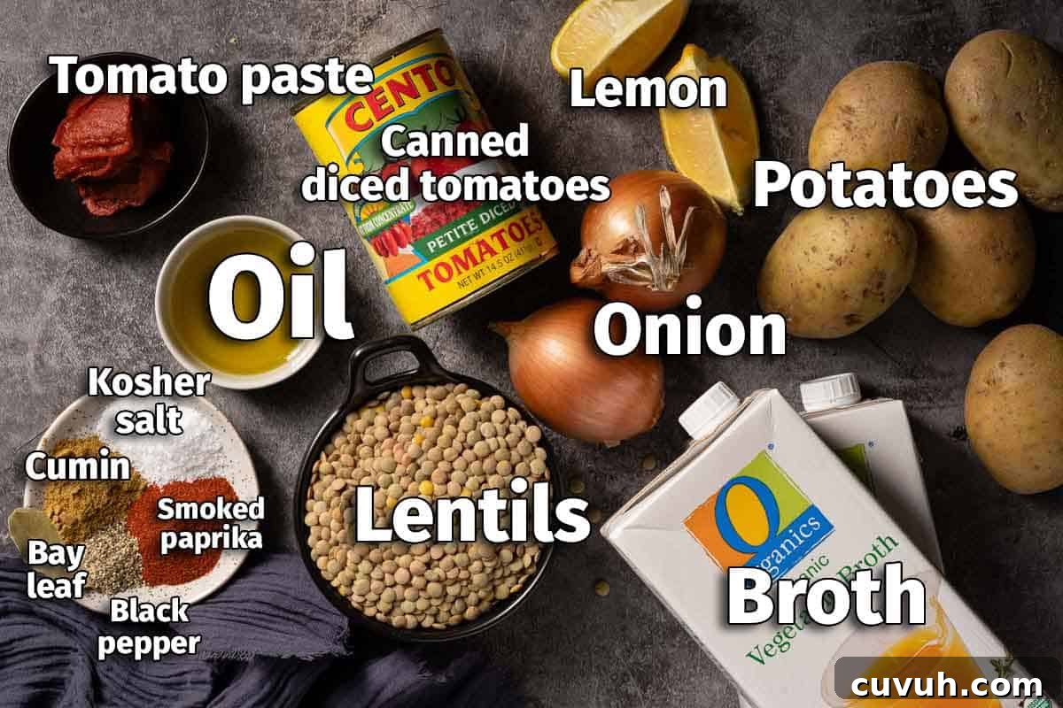 Hearty Lentil and Potato Soup Recipe for Comforting Weeknight Meals 3 ingredients for lentil potato soup with text labels