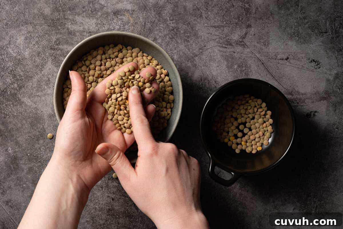 Hearty Lentil and Potato Soup Recipe for Comforting Weeknight Meals 4 hand holding dried lentils over two bowls