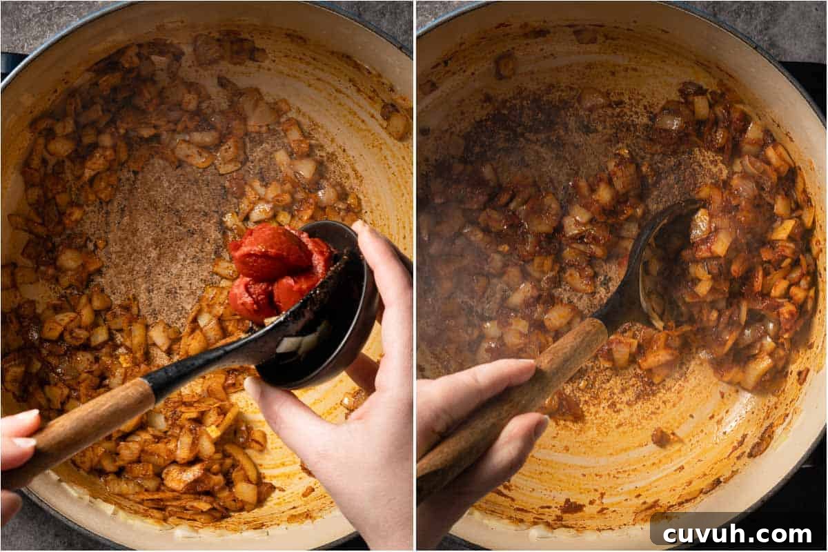 Hearty Lentil and Potato Soup Recipe for Comforting Weeknight Meals 10 collage of adding tomato paste into pot and stirring tomato paste with onions in pot
