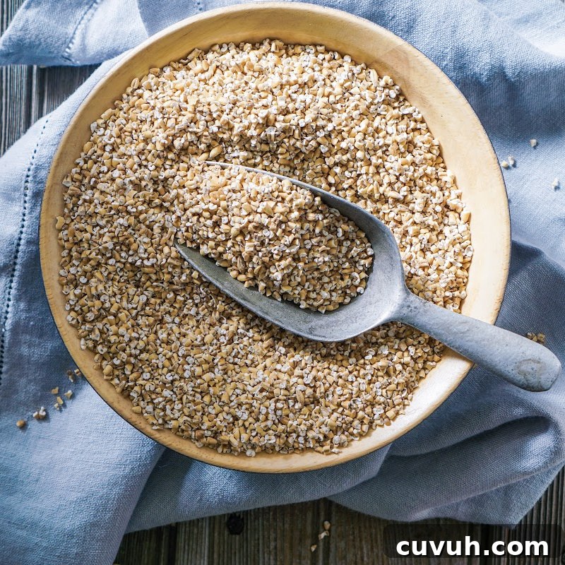 Mushroom & Ginger Steel-Cut Oatmeal Congee (Vegan) 4 steel-cut oats in bowl metal scoop
