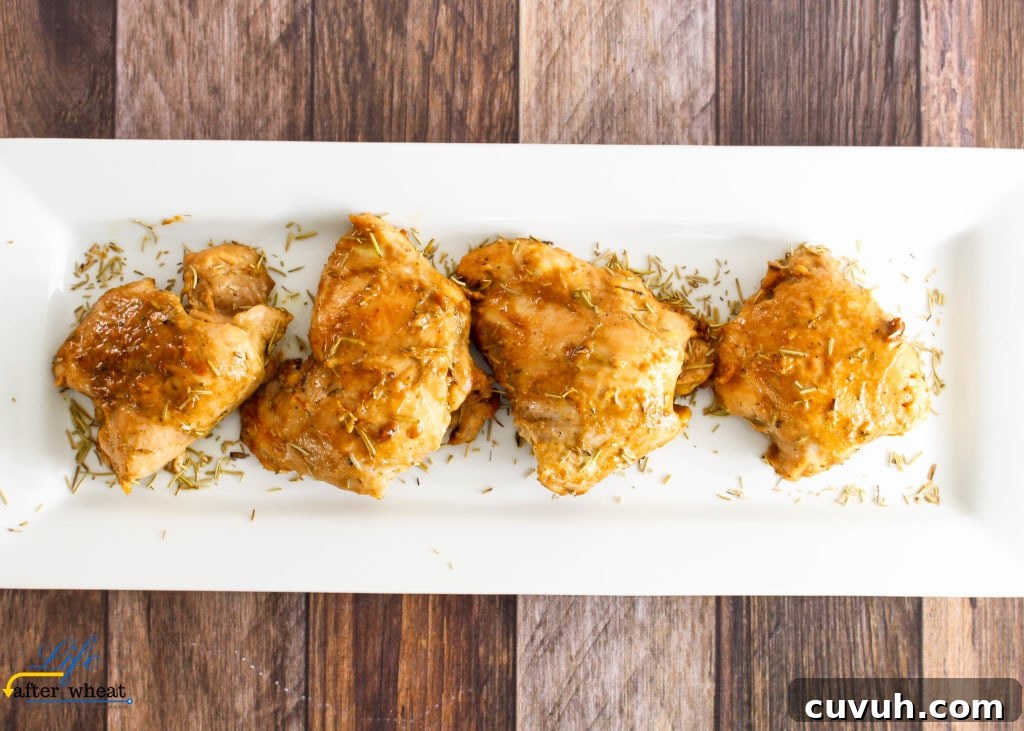 Gluten Free Rosemary Ranch Chicken Thighs: Tender chicken thighs are coated in a sweet and savory sauce with a hint of rosemary.