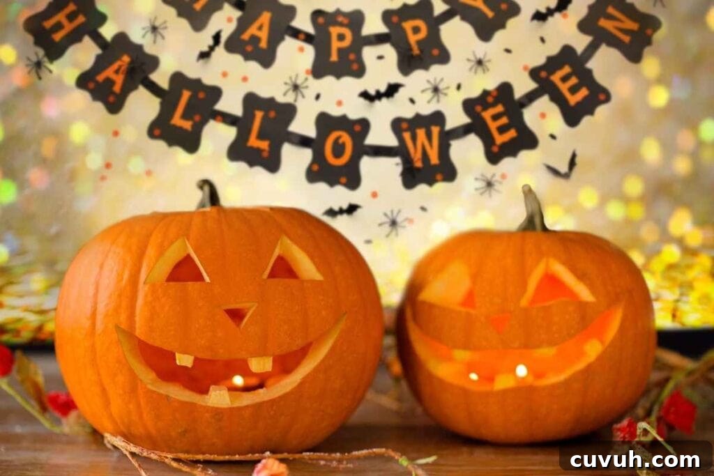 Carved jack o lanterns with a halloween banner in the background.