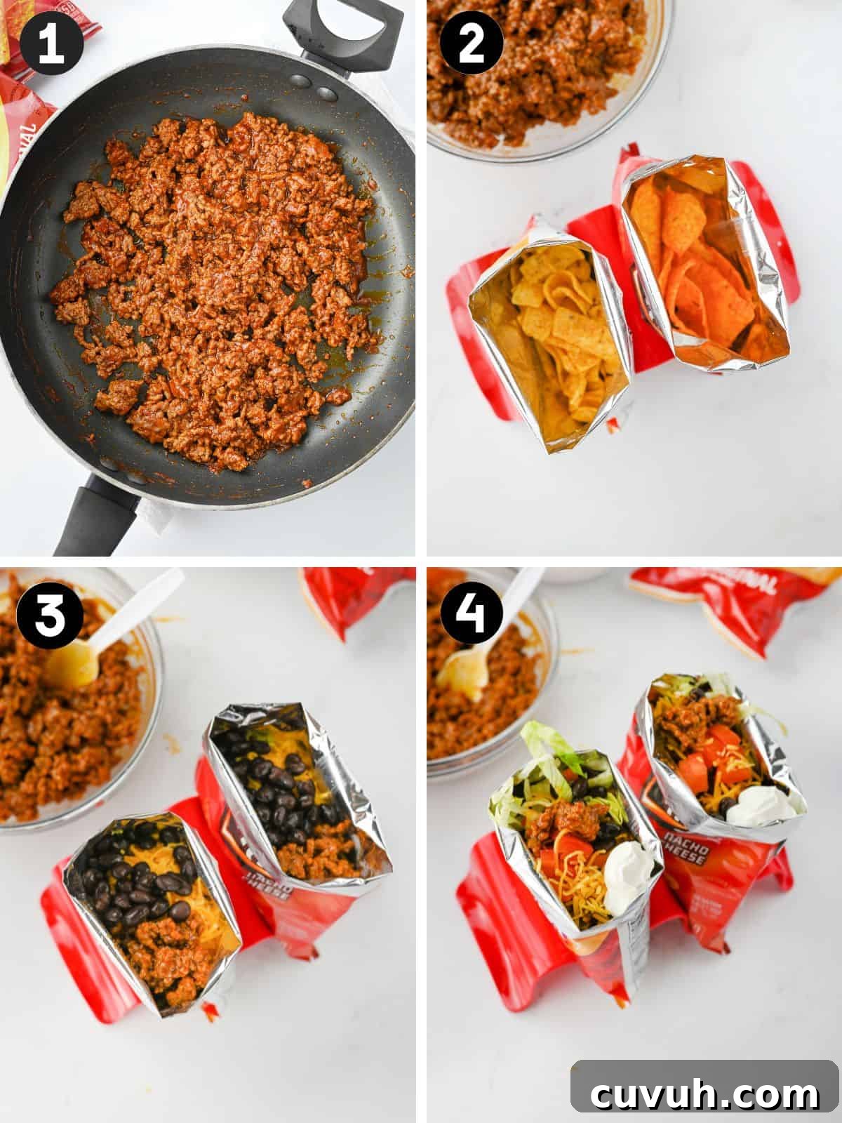 How to Make Walking Tacos: Quick Party-Friendly Recipe 4 Four-step image showing how to make walking tacos. Step 1: cooked taco-seasoned ground beef in a skillet. Step 2: open bags of Fritos and Doritos. Step 3: bags filled with meat and black beans. Step 4: bags topped with lettuce, cheese, sour cream, and tomatoes.