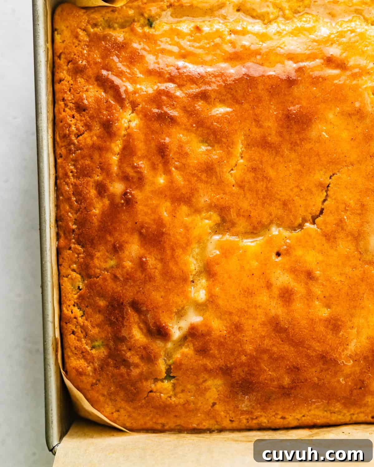 Spicy Jalapeño Honey Cornbread Recipe 9 up close photo of finished cornbread with honey butter brushed on top.