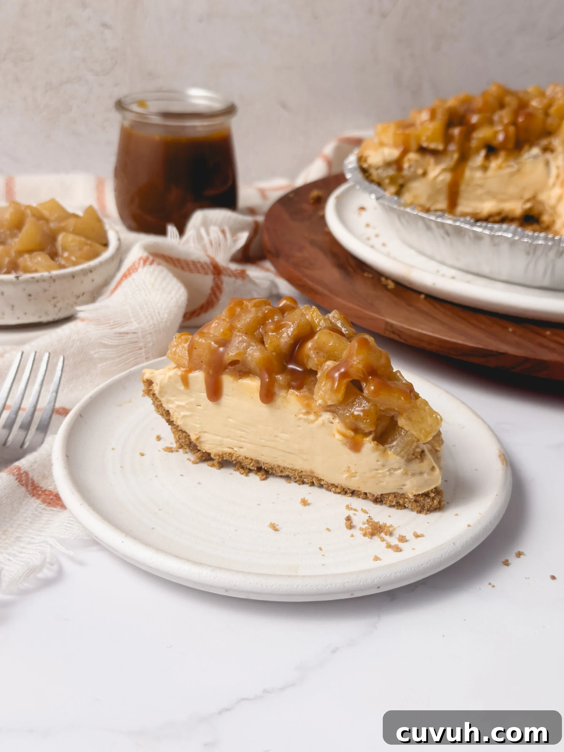Caramel Apple Cheesecake Pie Recipe — Decadent Fall Dessert 2 Caramel Apple Cheesecake Pie close-up