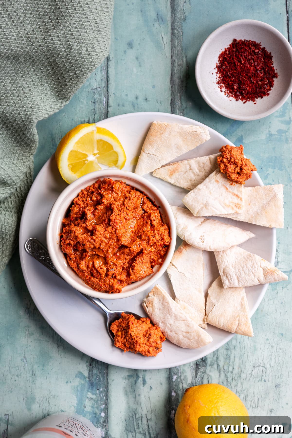 Muhammara: Roasted Red Pepper and Walnut Dip Recipe 5 Flatlay of muhammara walnut red pepper dip