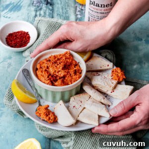 Muhammara: Roasted Red Pepper and Walnut Dip Recipe 6 Bowl of muhammara with pita bread chips