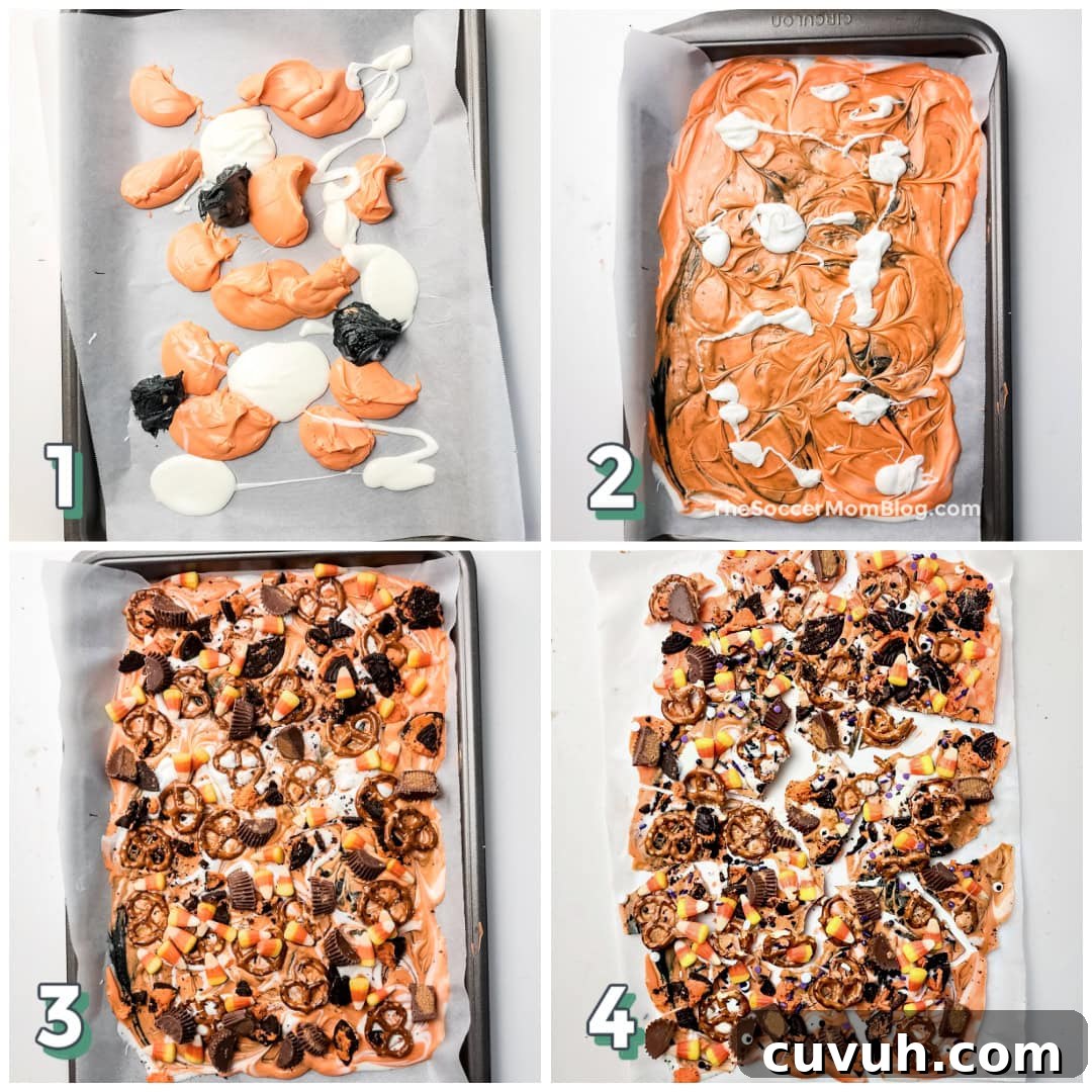 Step by step photo collage of how to make Halloween chocolate bark.