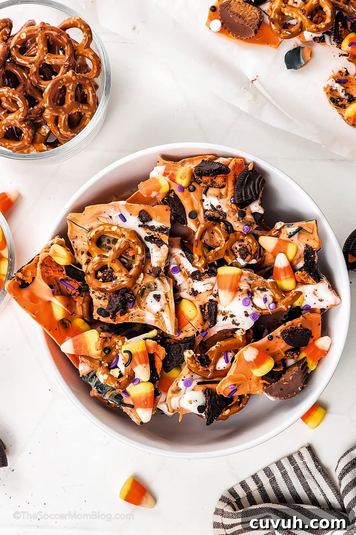 A bowl full of Halloween chocolate bark.