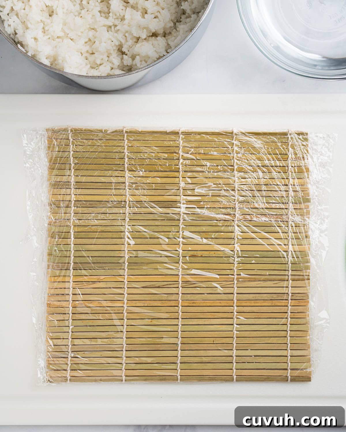 bamboo mat wrapped in plastic wrap