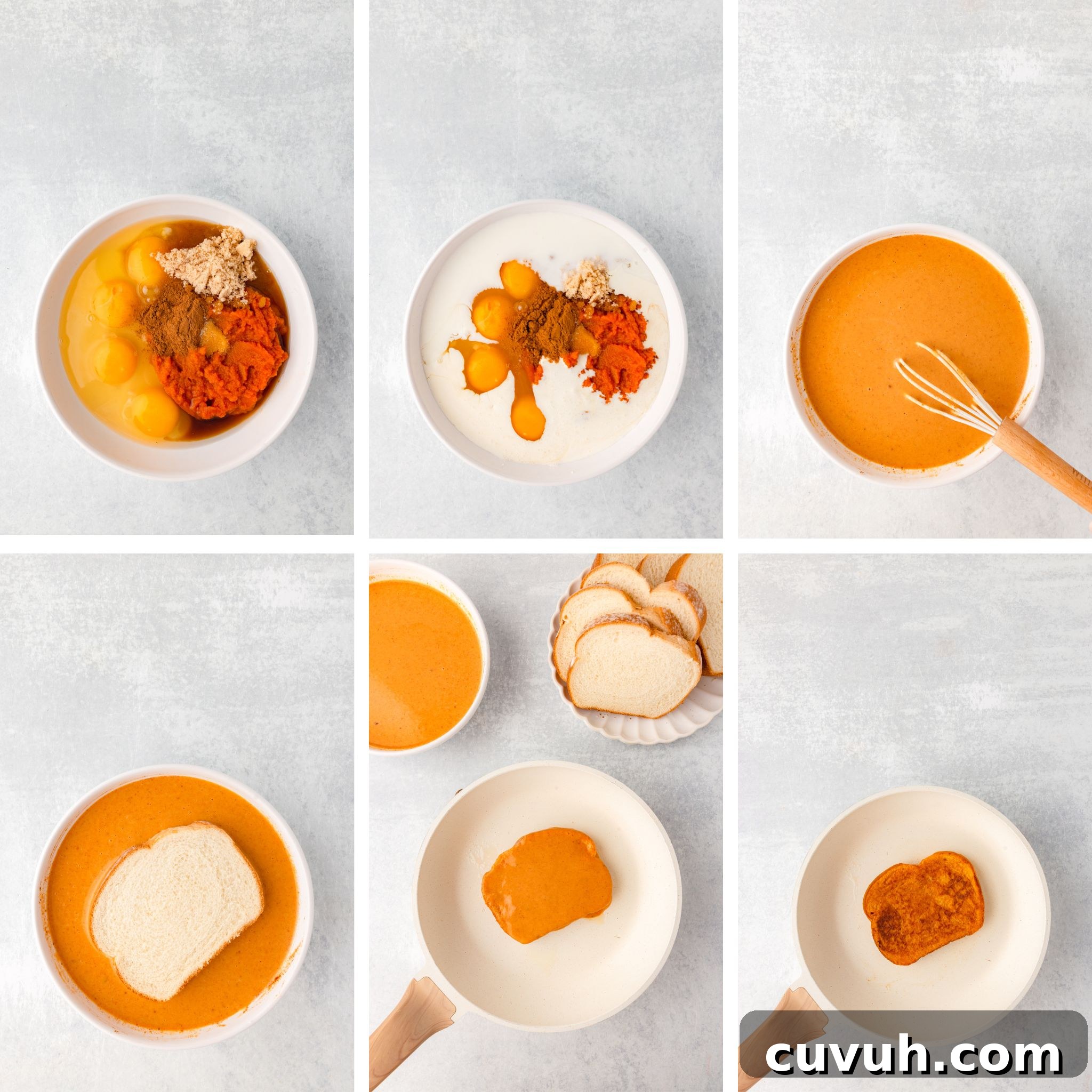 Process shots showing mixing and cooking steps for pumpkin French toast.