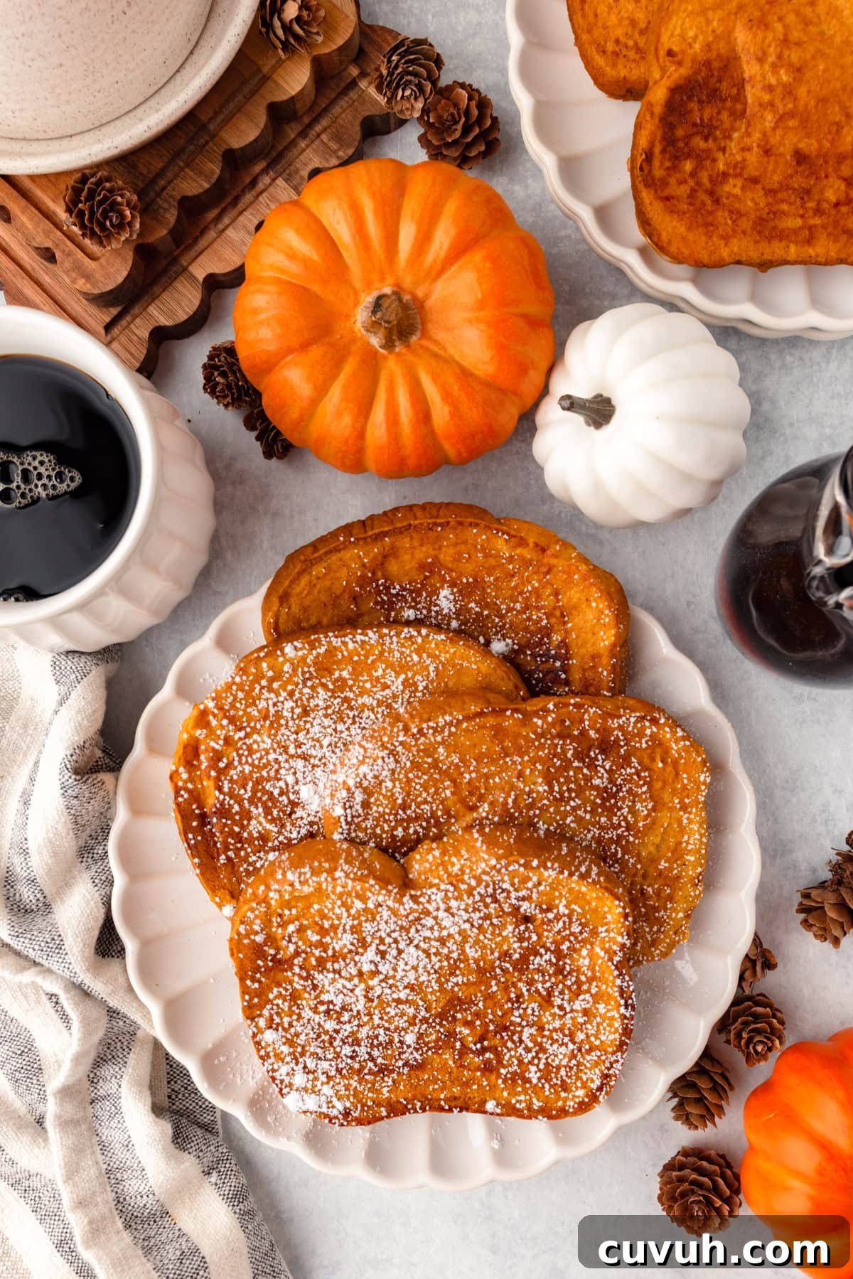 A plate of pumpkin French toast laid out for a fall spread.