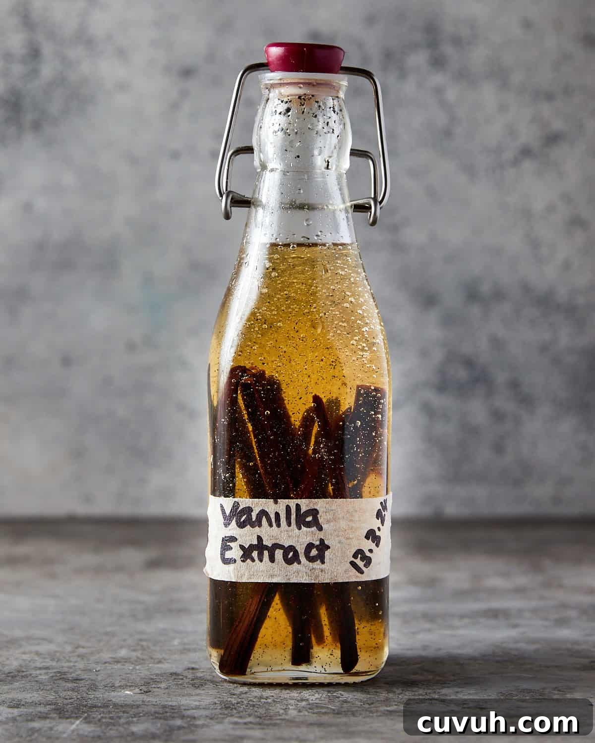 Photo of vanilla extract mixture before it has matured, straight after mixing in the bottle.
