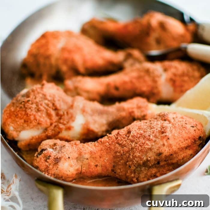 Crispy Shake-and-Bake Chicken Recipe for Perfect Weeknight Meals 14 Oval-shaped baking dish filled with five golden, crispy baked chicken drumsticks coated in shake and bake seasoning.
