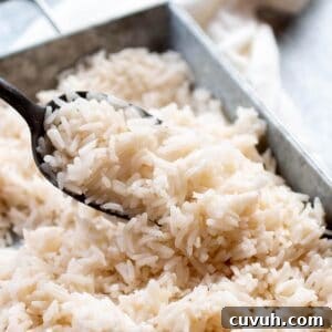A metal spoon scooping out some rice form a metal serving tray.