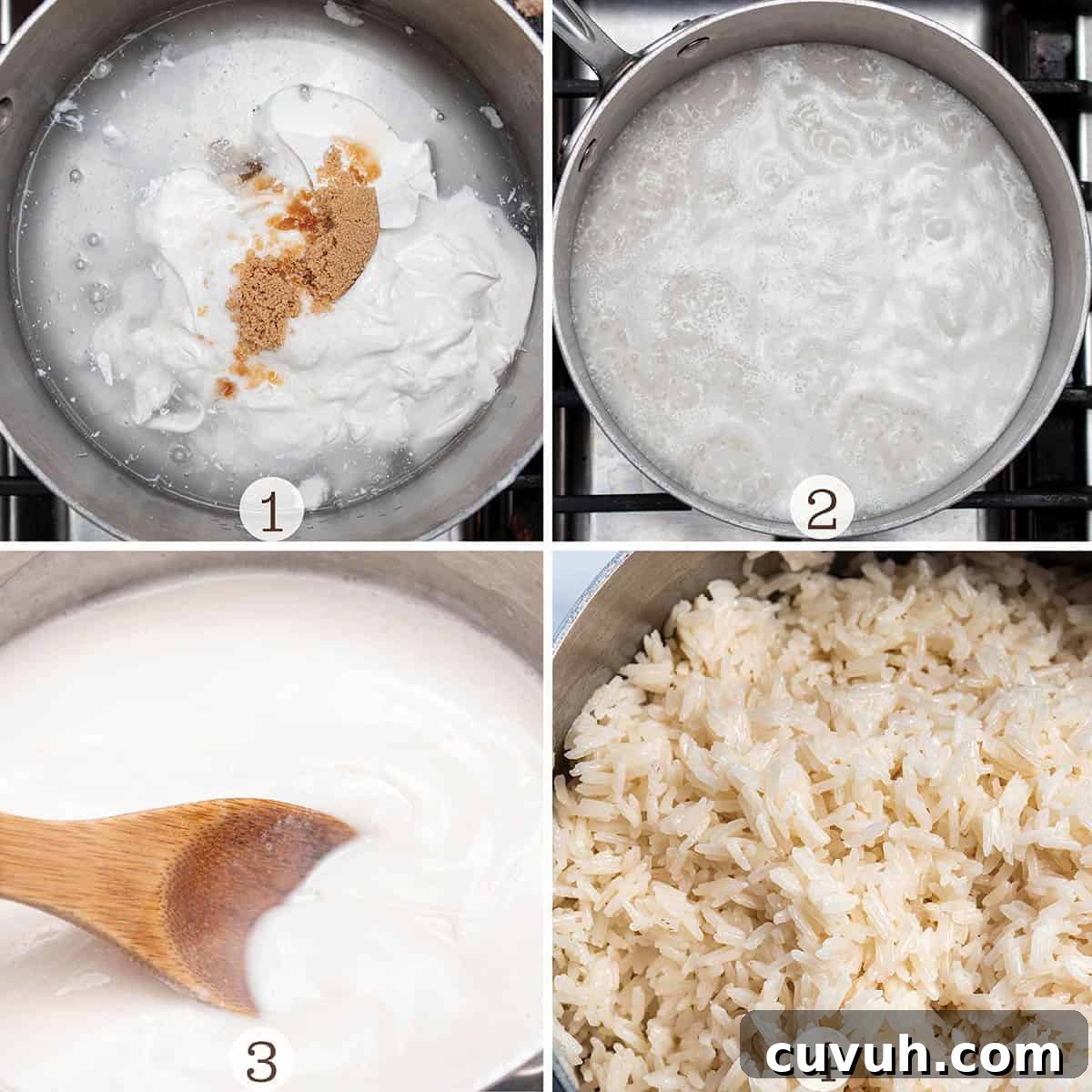 Four images of a small sauce pot making rice. One with all the ingredients, then being boiled and the final result.