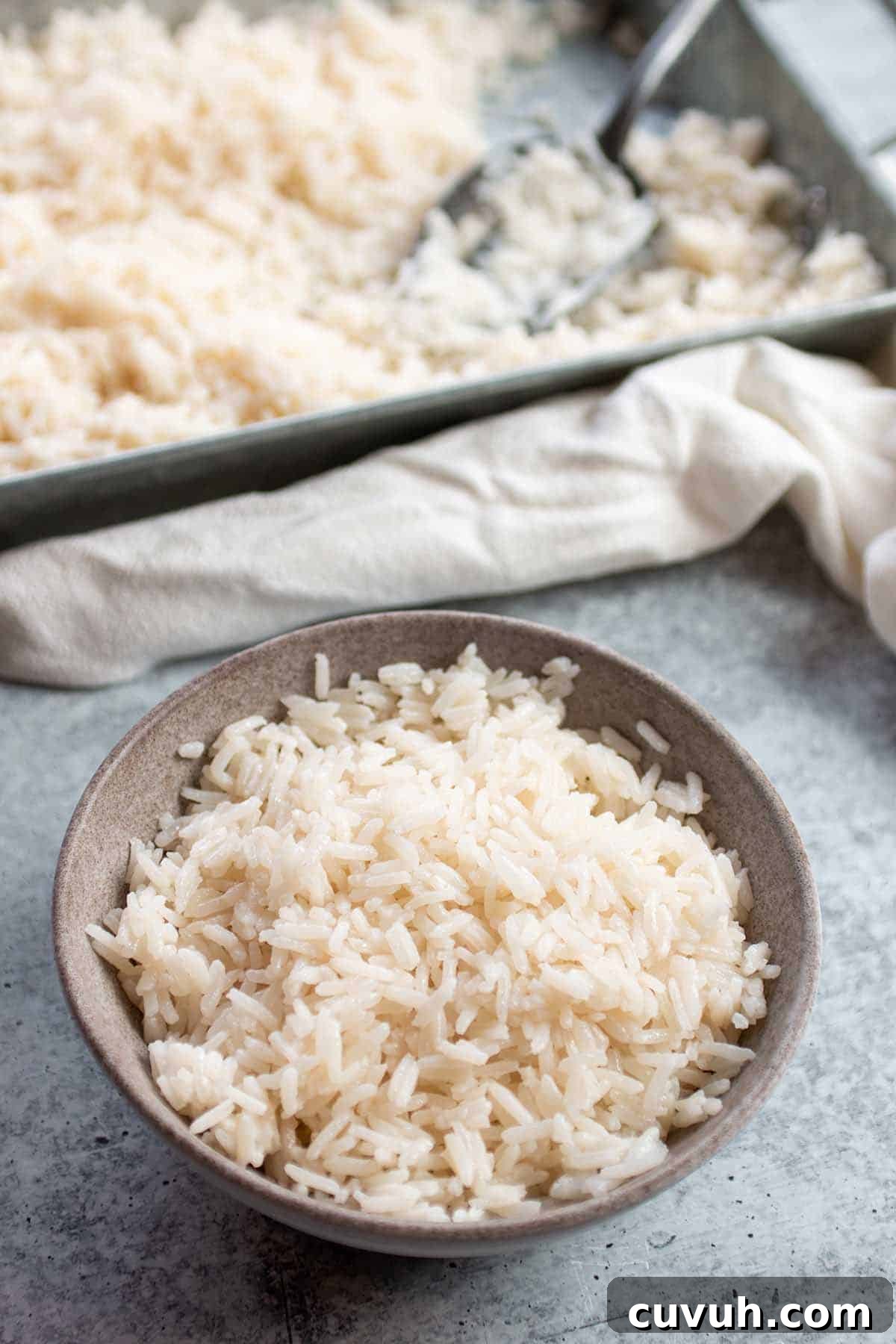 A small bowl with a pile of rice and a metal serving dish in the back on top of a towel.