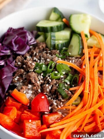 A bowl full of rice, ground beef, julianne carrots, cucumbers, cabbage and red peppers.