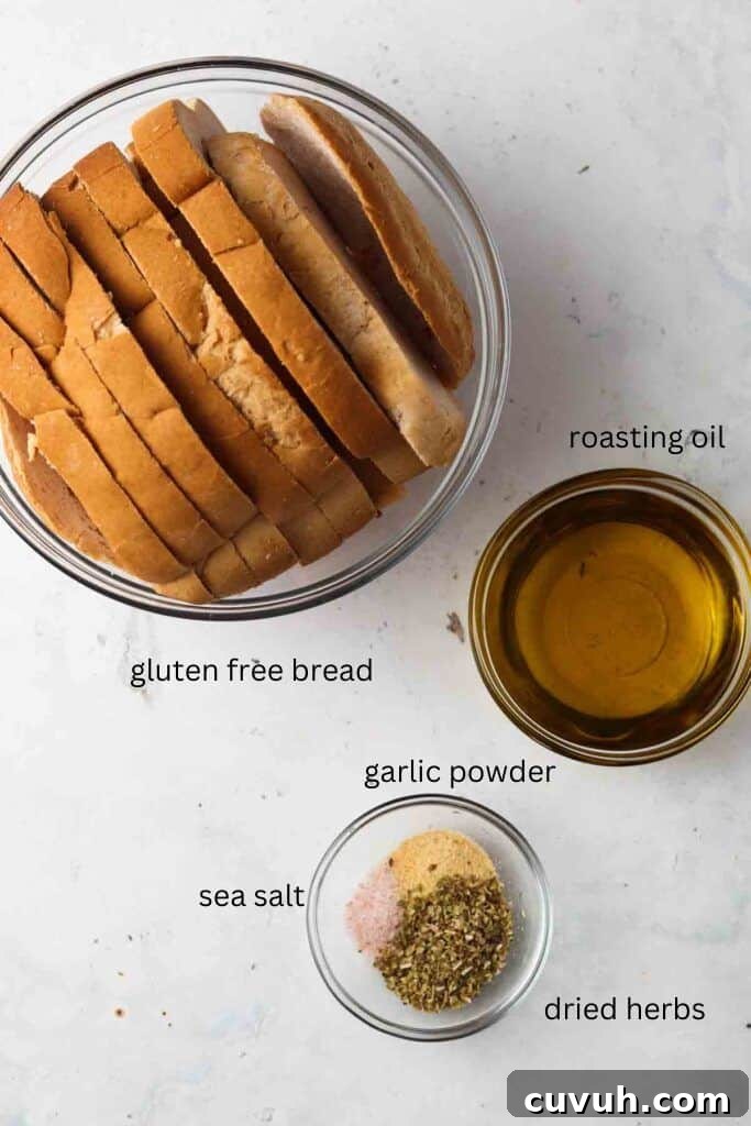 Ingredients for croutons in glass bowls on a tabletop.