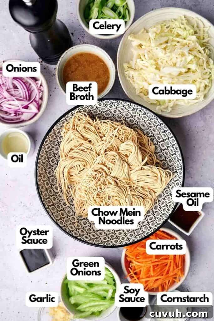 Homemade Chicken Chow Mein Recipe That Beats Takeout 3 Ingredients for making delicious chow mein are displayed in bowls, featuring chow mein noodles, beef broth, cabbage, celery, carrots, green onions, garlic, onions, oyster sauce, soy sauce, cornstarch, sesame oil, and oil.