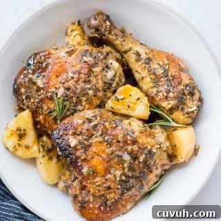 Baked chicken and potatoes in a butter garlic herb sauce, crispy garlic parmesan crusted chicken is a delicious one-pan dinner and very easy to prepare.