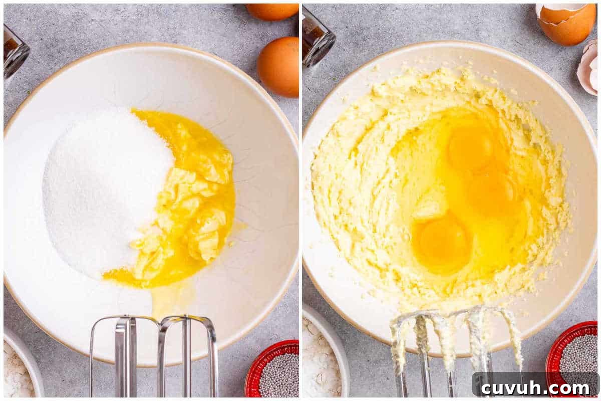 process shot of whisking the eggs with butter and sugar.