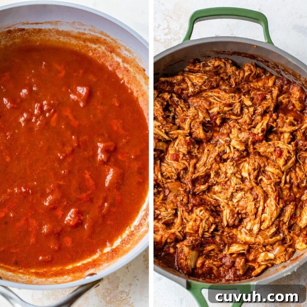 red sauce simmering in a skillet and then with shredded chicken added