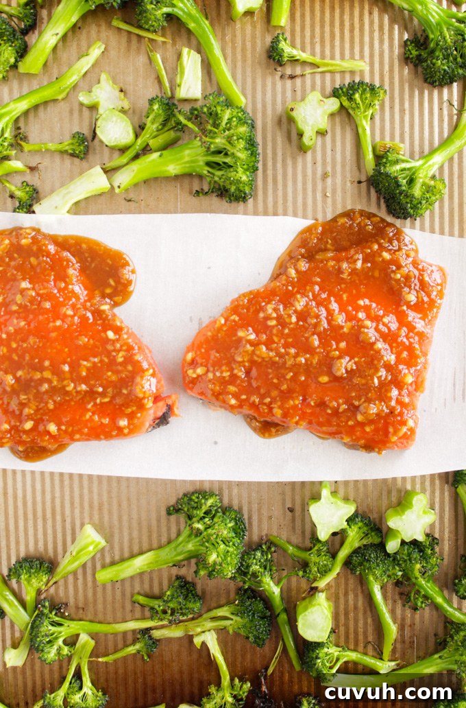 Sheet Pan Miso Glazed Salmon with Broccoli (30 Minutes) - close up of miso glazed salmon