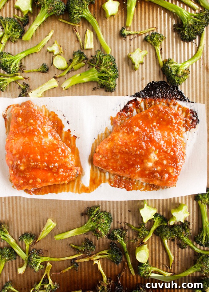 Finished sheet pan miso glazed salmon with broccoli